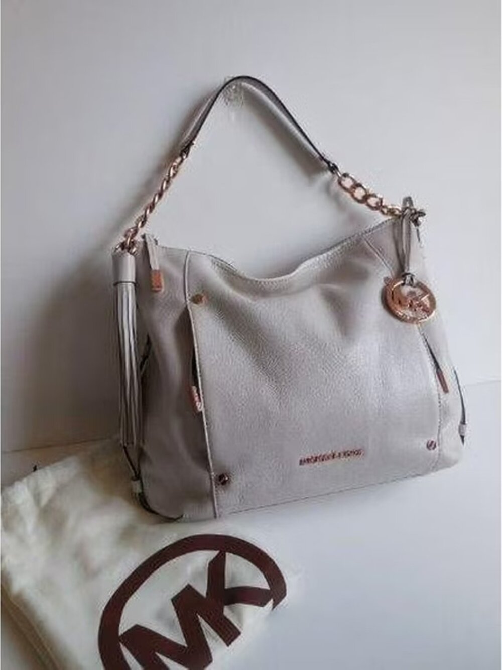 Michael Kors Devon Large Shoulder Tote Leather Vanilla Rose Gold Handbag Bag New